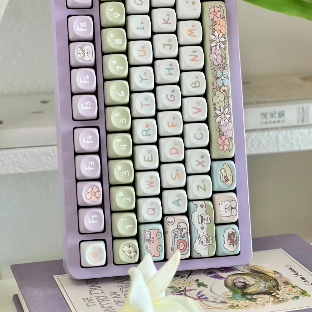 Romantic Train Keycaps para teclado mecânico, urso bonito, coelho, flor, roxo, branco, verde, Pbt, 141 chaves, Soa, Moa