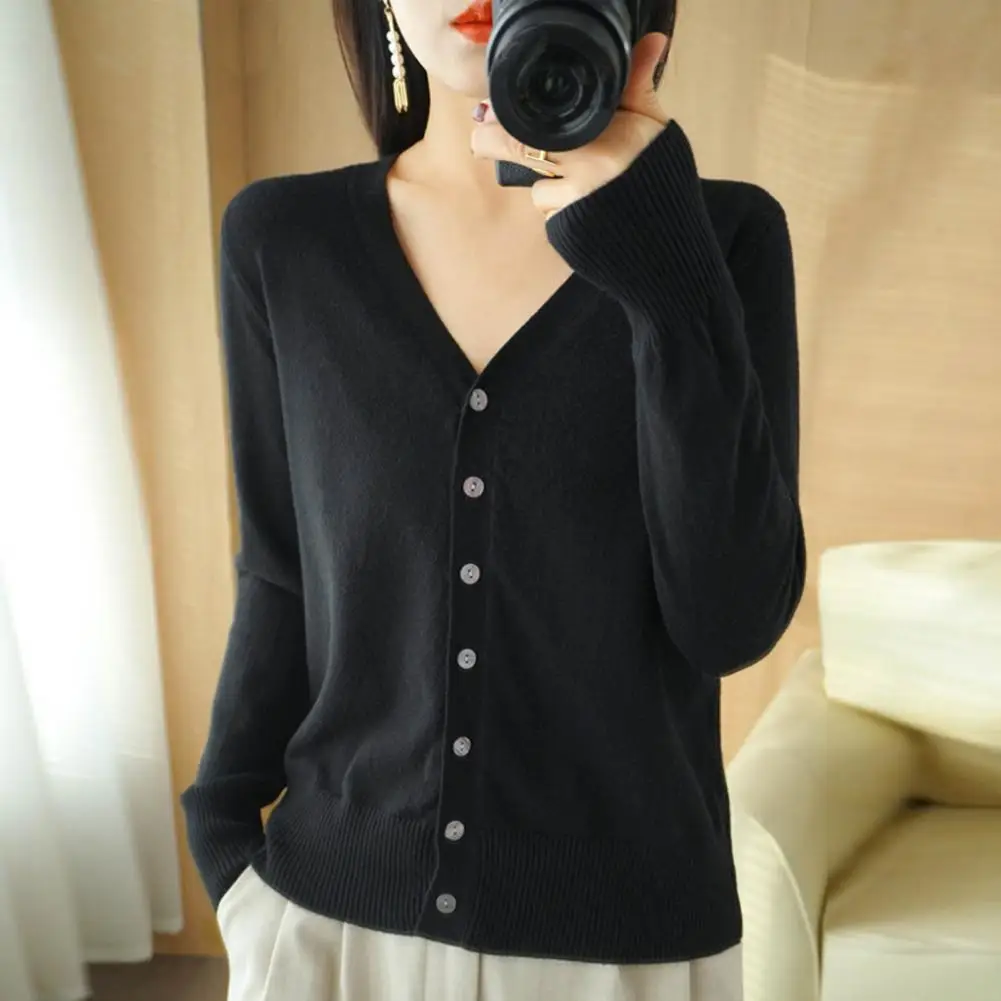 2026 Women Knitting Sweater V-Neck Long Sleeve Button Down Sweater Cardigan Solid Color Loose Fit Crochet Texture Coat