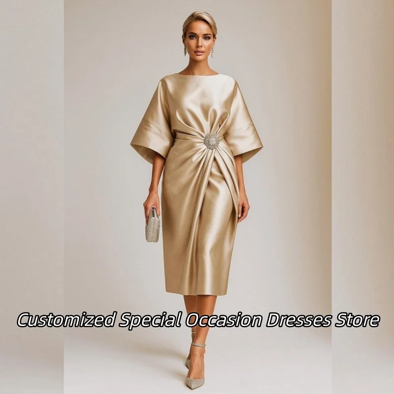 

Customized Champagne Crew Tea-Length Mother Dress Elegant Evening Dresses For Women Luxury Beaded Formal Outfit Vestido De Gala