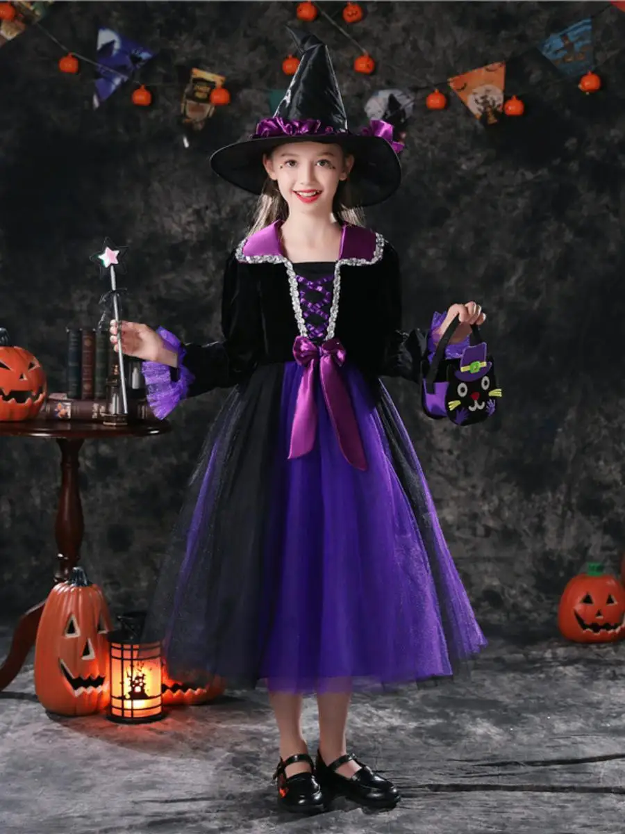

Костюм ведьмы на Хэллоуин для детей, детский карнавальный костюм, косплей феи, костюм принцессы для девочек
