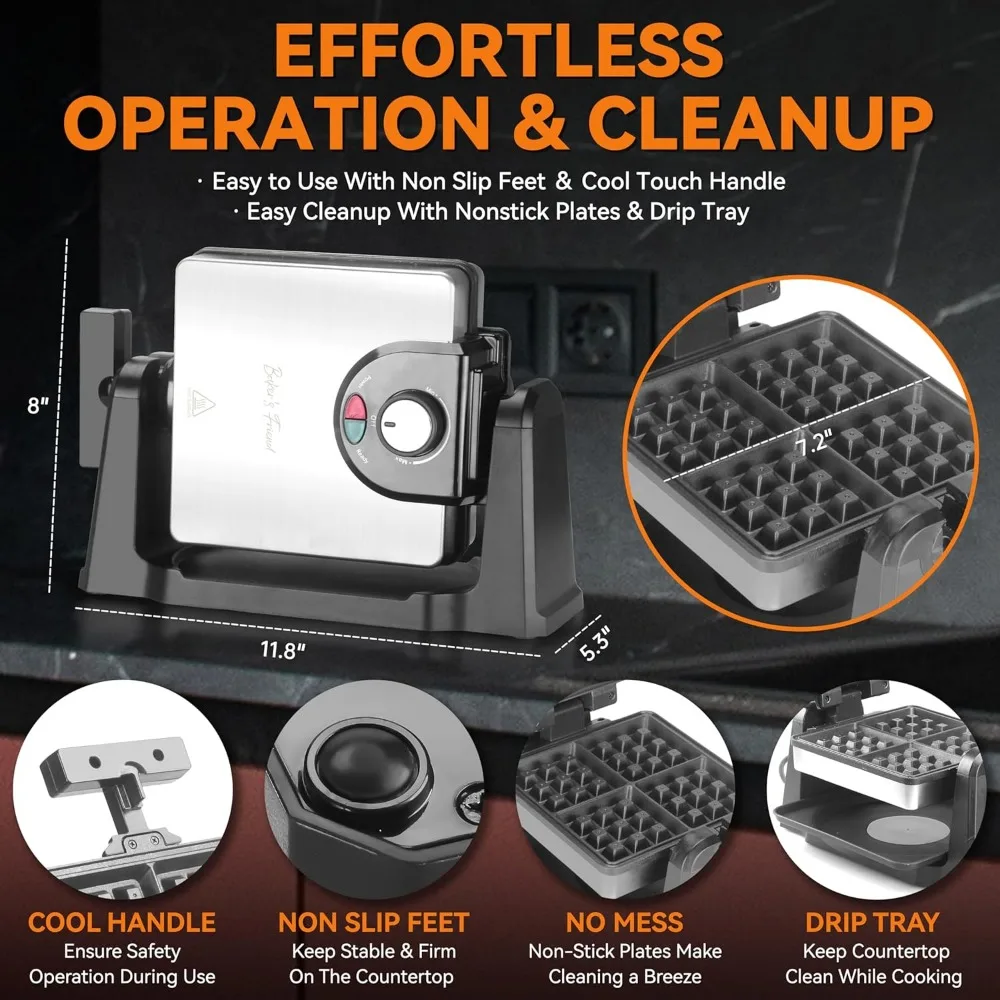 Mini Waffle Maker Flip, Belgian Waffle Maker Thick, with Browning Control, Waffle Irons Non Stick Surface, With Recipe & Brush