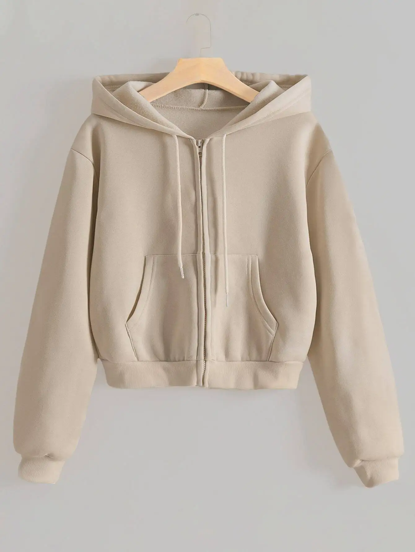 

Cream Zip-Up Cropped Hoodie with Drop Shoulder and Kangaroo Pocket