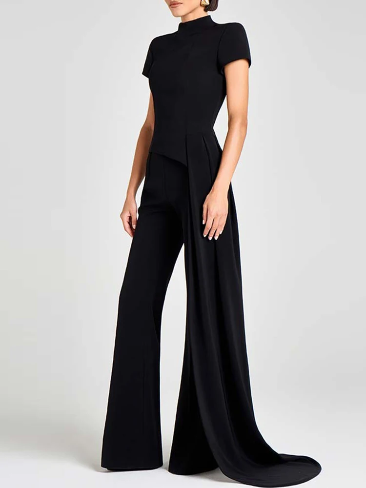 

Office Elegant Party Outfit Women's Stand Collar Short Sleeved Top and Pants Two Piece Set Simple Solid High Waist Straight Suit