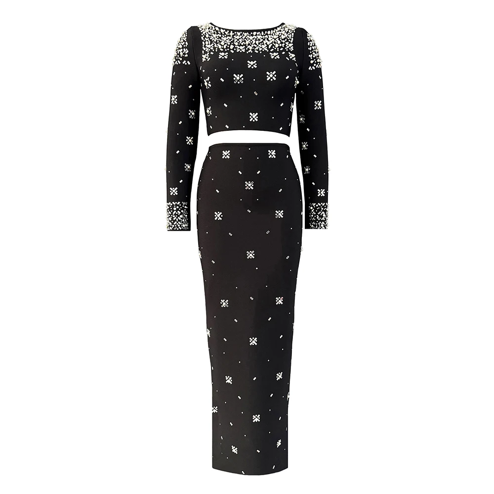 

Бандажные комплекты для женщин, осенне-зимние новые топы с длинными рукавами, облегающие юбки, комплекты из двух предметов, Клубная вечеринка, одежда с бисером