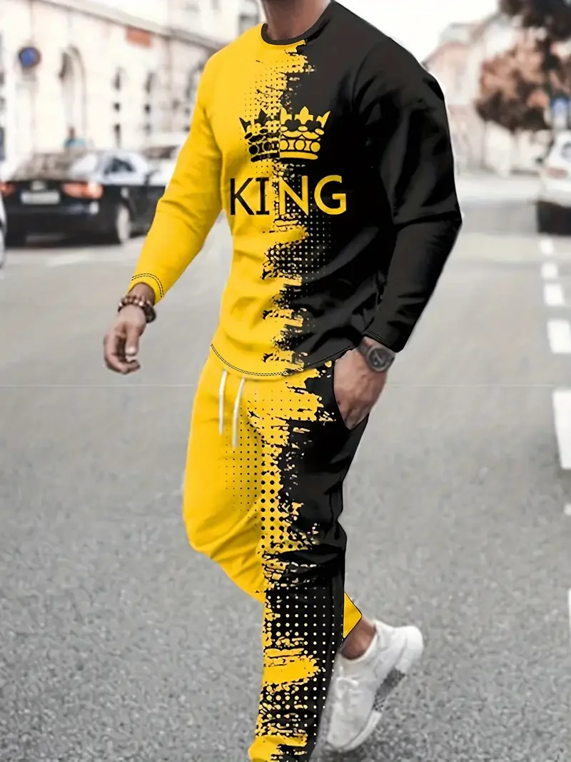 Crown King Lion Grafische T-shirts Sets 3D Print Mannen Vrouwen Lange Mouw Broek Past Mode Trainingspak 2-delige Jogger Outfits