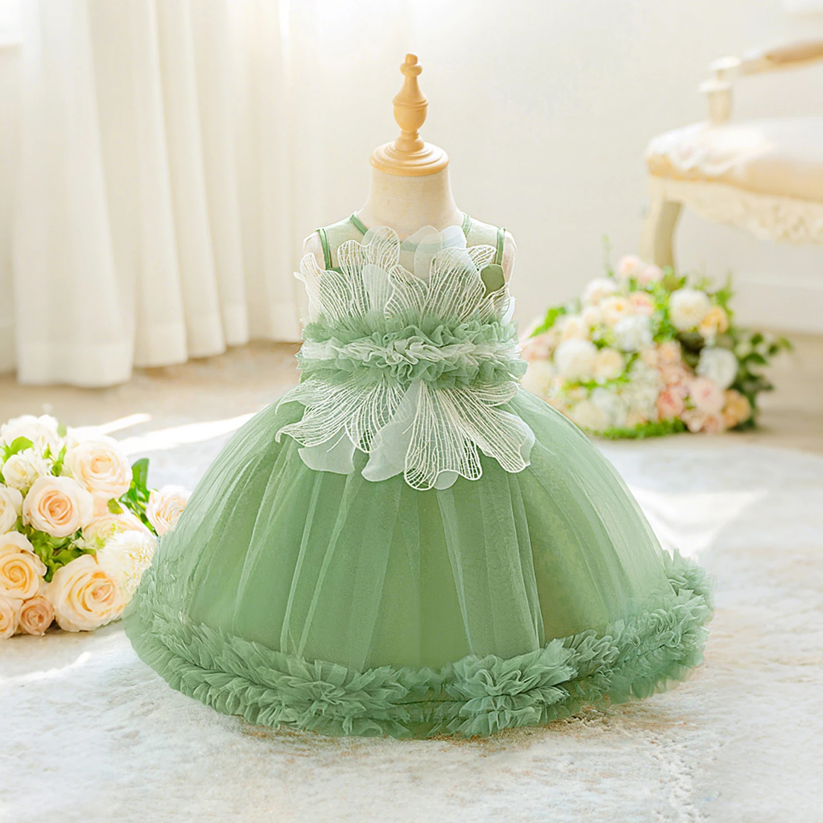 

Toddler Baby Tulle Girls Fashionable Solid Color Round Neck Sleeveless Princess Dress for Daily Life and Party