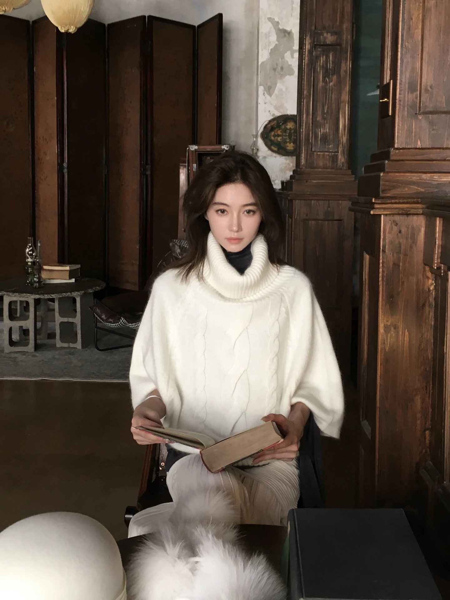 

Свободный вязаный свитер с высоким воротником и длинными рукавами, теплый, из смесовой пряжи с кроличьим мехом, удобный, свободного кроя, женский, осенняя мода