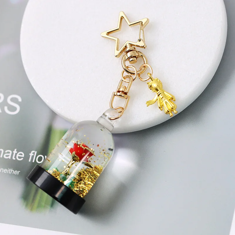 New Little Prince Creative Rose Liquid Sand in Oil Keychain Bag Pendant Gift Personality Backpack Decoration Kids Birthday Gifts