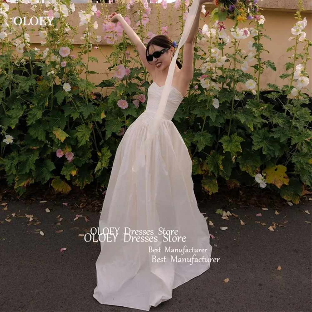 

OLOEY Simple A Line Taffeta Wedding Dresses Korea Photoshoot Sweetheart Floor Length Bridal Gowns Corset Back Plain Plus Size