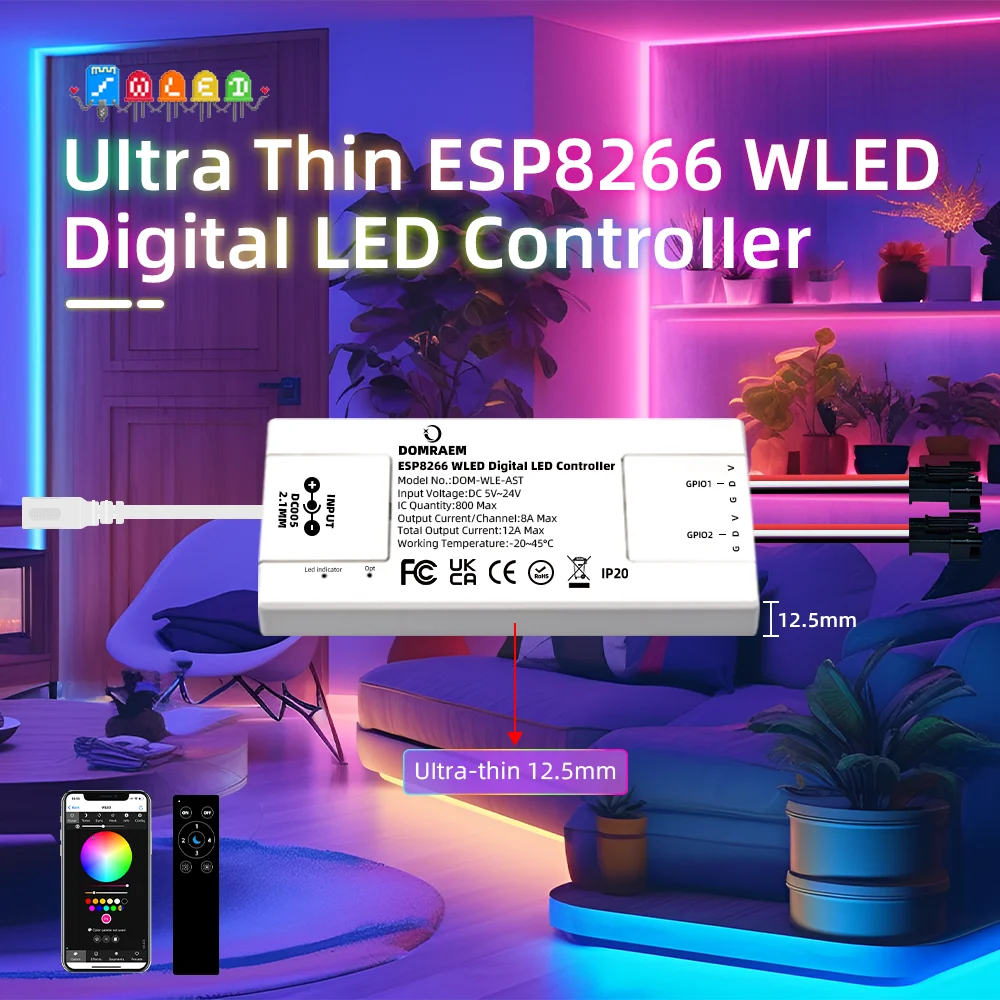 

DOMRAEM ESP8266 WLED Digital DIY LED Controller - Ultra-Thin 2CH 12A, 800 ICs WS2812B/2814/2805, WiFi MQTT/Home Assistant/Alexa