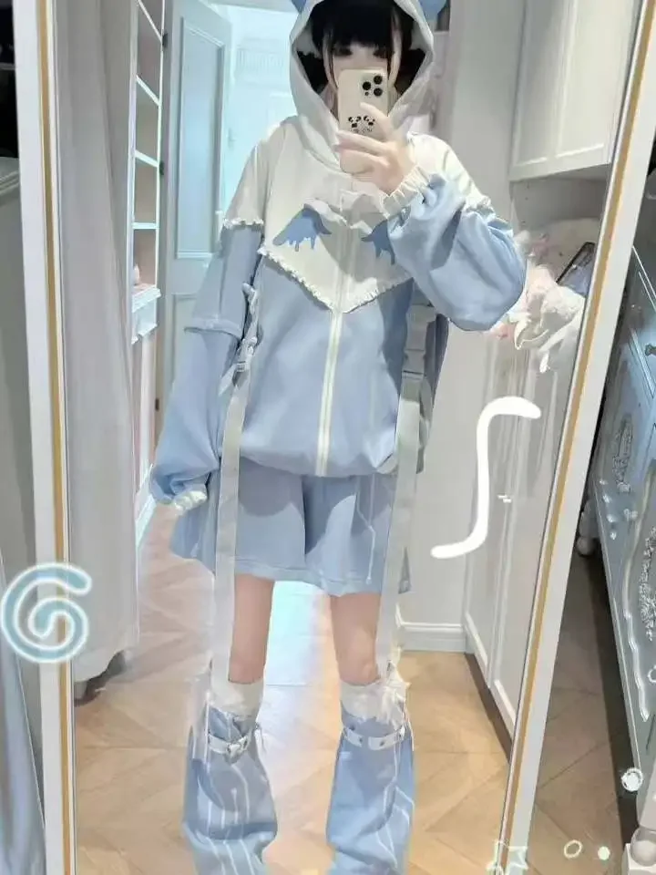 New Original Japanese Subculture Water Color System Removable Sleeves Sweet Ears Hooded Jacket Shorts Leg Cover Women's Suit