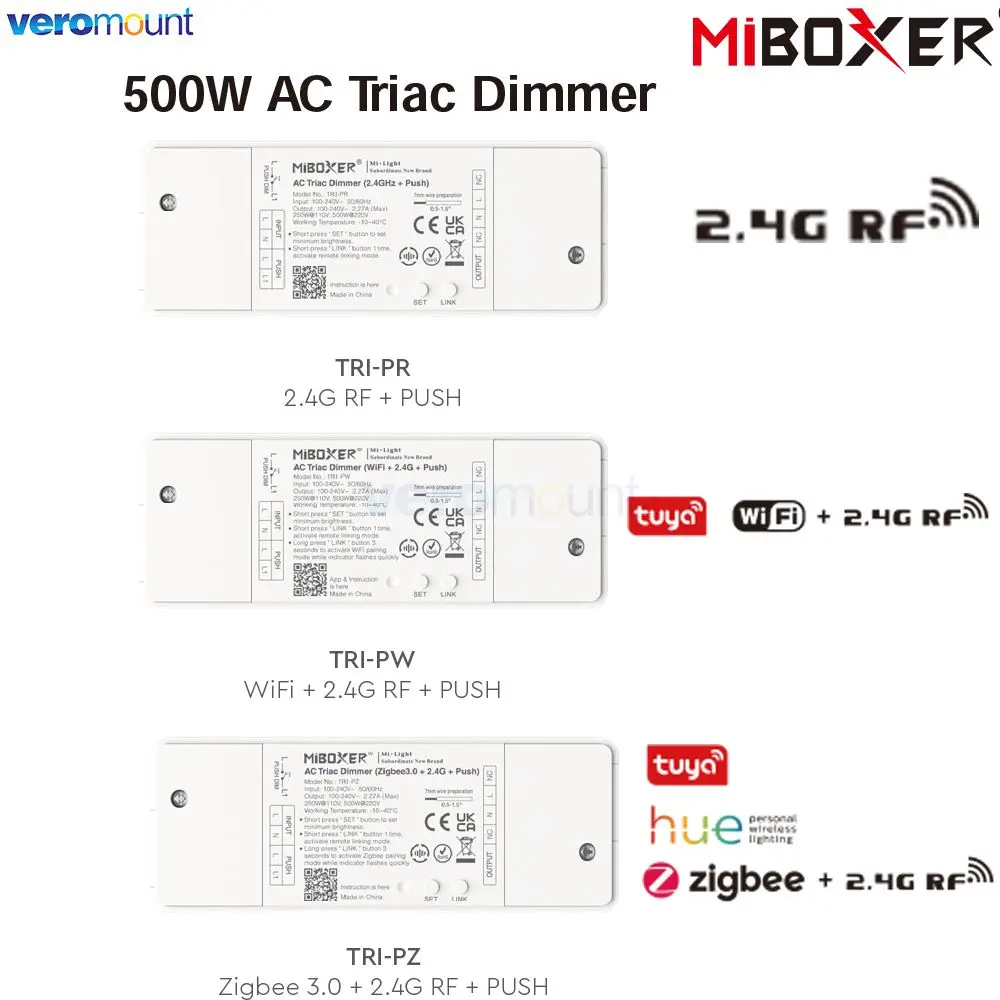 

MiBoxer 500W AC Triac Dimmer Push Switch TRI-PR 2.4G RF TRI-PW WiFi + 2.4G + Push TRI-PZ Zigbee 3.0 + 2.4G + Push AC 110V 220V