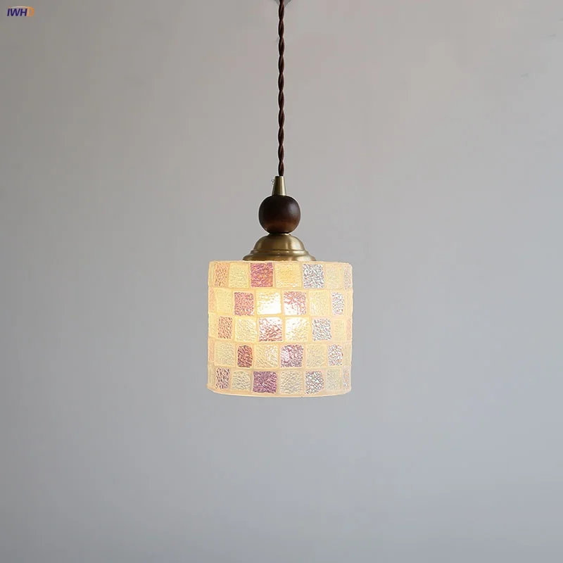 

IWHD Walnut Wood LED Pendant Light Fixture Aisle Bedside Wire Adjustable Nordic Modern Colorful Glass Hanging Lamp Lampu Gantung