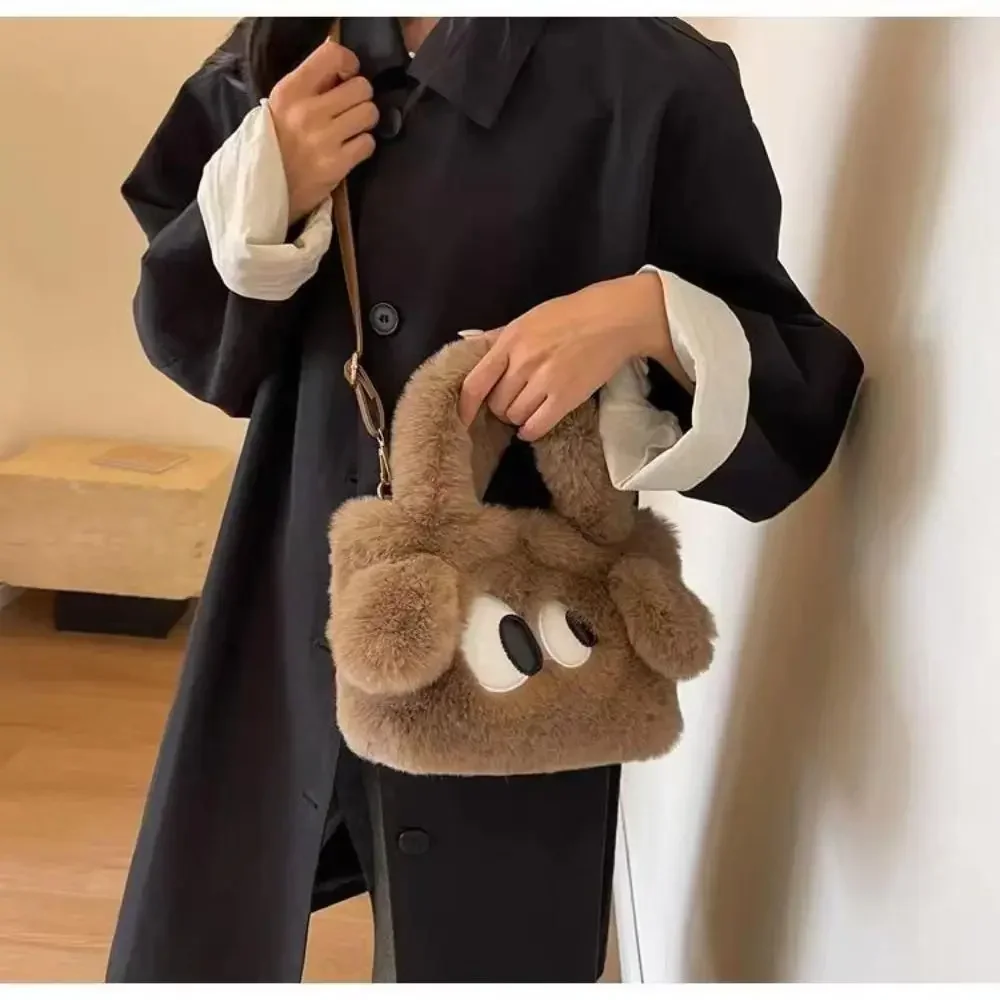 Women Girls Cartoon Big Kawaii Furry Tote Handbag Autumn&Winter Soft Plush Top-Handle Bag Eyed Dog Shoulder Crossbody Bag