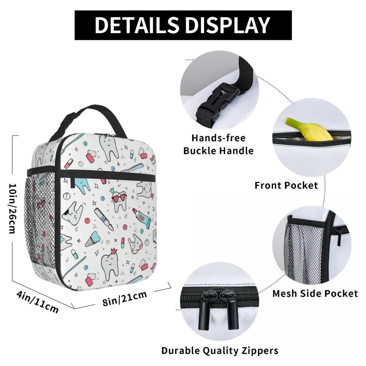 Dentist Cartoon Pattern Insulated Lunch Tote Bag for Women Teeth Brush Portable Cooler Thermal Bento Box School