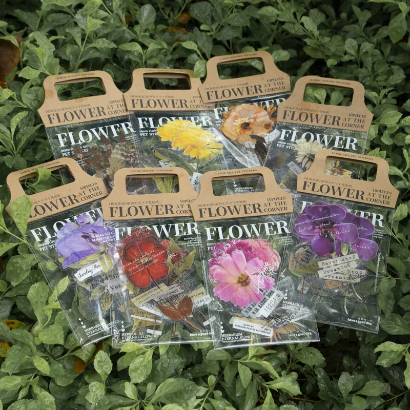 10pieces Flowers Transparent Stickers Plant Dried Flowers PET Material Decorative Stationery handbook Scrapbook 167*98MM