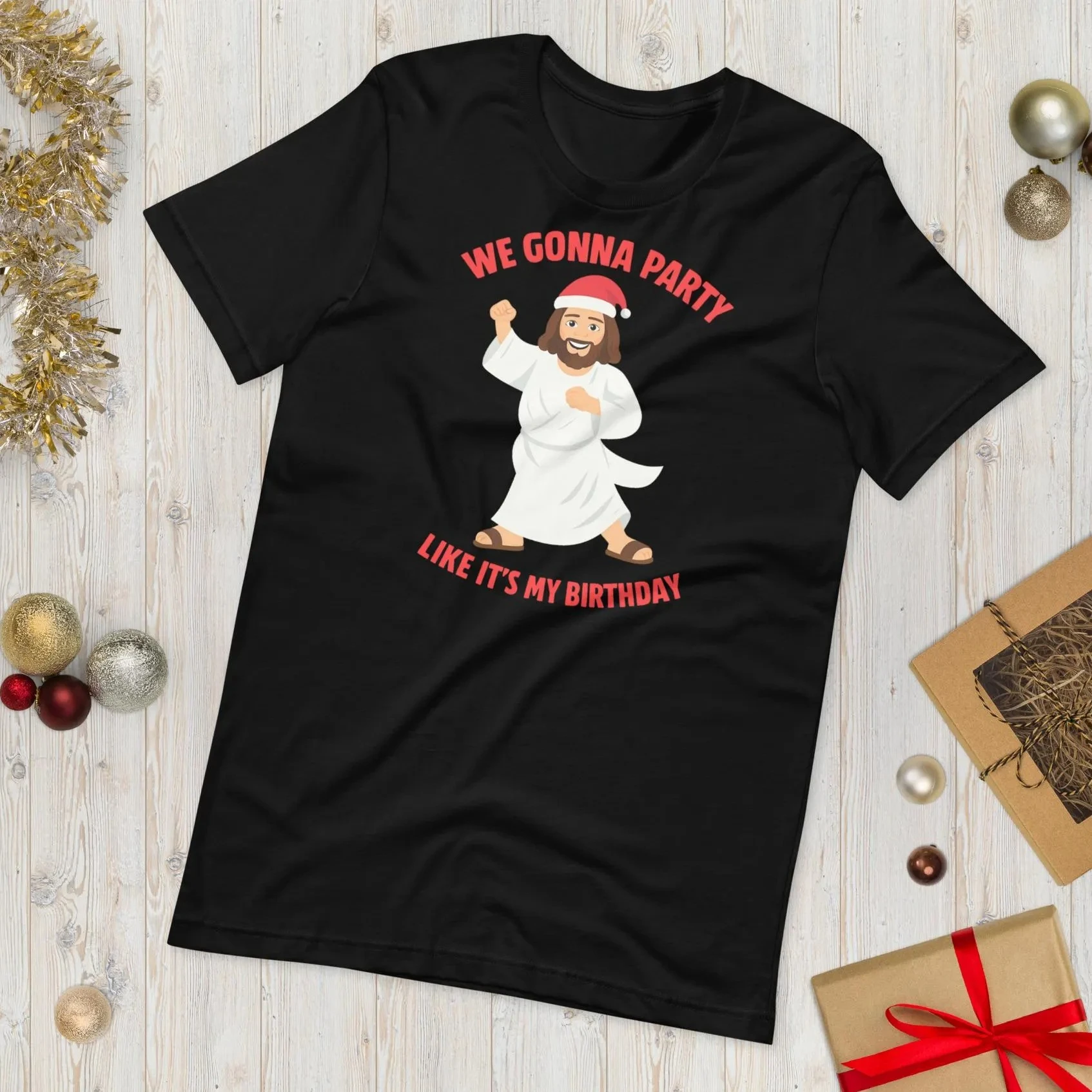 

Men's Vintage & Santa Claus Christmas T-Shirt - Slim Fit Short Sleeve Cotton Shirt with "WE GONNA PARTY" Slogan
