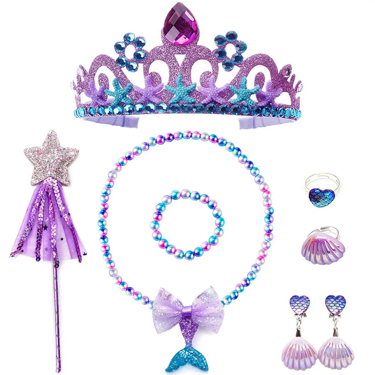 Disney Ariel Princess Accessories Gloves Wand Crown Jewelry Set Mermaid Wig Necklace Braid for Princess Clothes Cosplay Dress UP