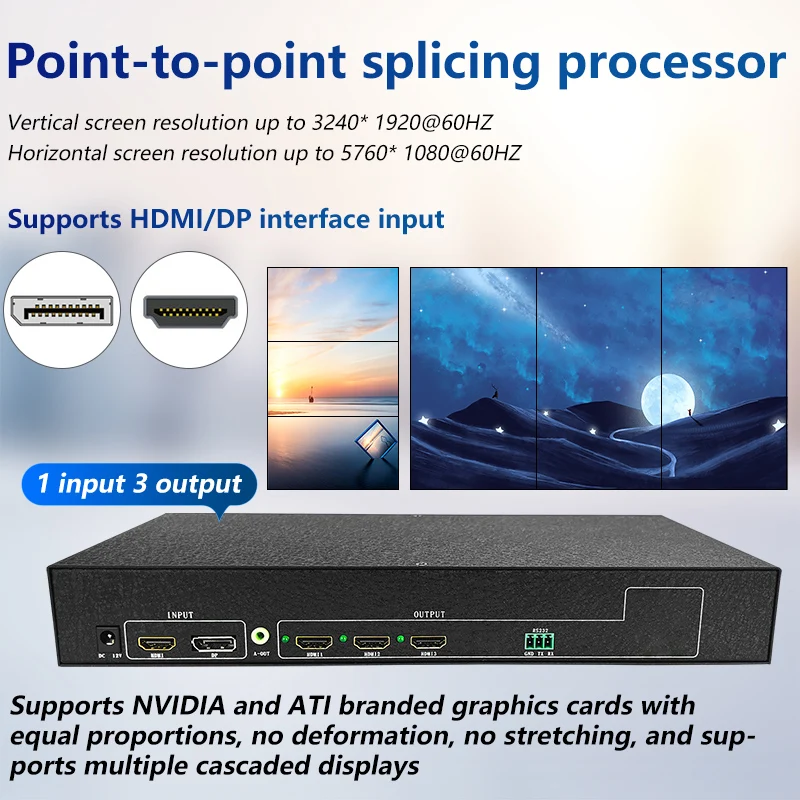 4K Video Wall Controller 1x3 Supports DP Point-to-Point Input 5760x1080@60Hz Ultra HD For HDMI 1.4+DP1.2 Splicing Box