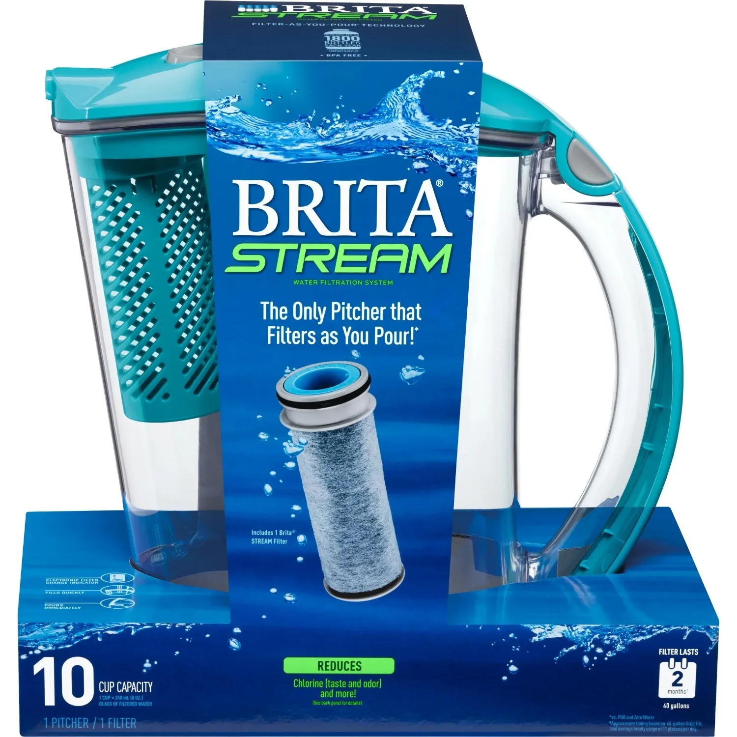 Brita Large 10 Cup Blue Stream Filter as You Pour Plastic Water Filter Pitcher