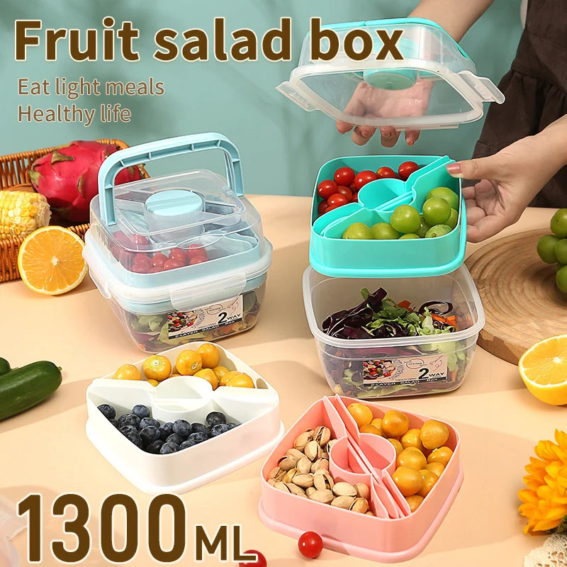 1,3 l tragbare 2-lagige Lunchbox, Obstsalat, Lebensmittelaufbewahrungsbehälter-Set mit Gabel, mikrowellengeeignet, Bento-Box für Picknick, Schule