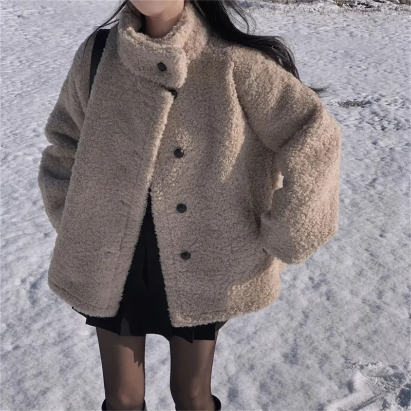 

2025 Stand Collar Shearling Coat, Korean Eco-Friendly Faux Fur Women's Winter Outerwear