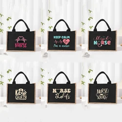 Teacher's Day printed pattern black patch linen canvas handbag, waterproof interior large capacity commuting bag storage bag