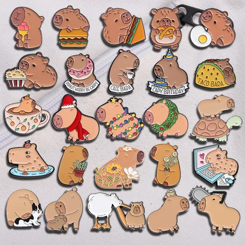 Kawaii Cute Capybara Hippo Series Enamel Pins Cartoon Christmas Dolphin Burgers Sandwich Brooch Lapel Badge Animal Jewelry Gifts