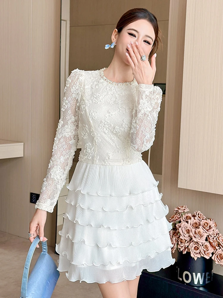 Fairycore Verjaardagsfeestje Jurken Vrouwen Prachtige Geborduurde Bloem Ruche Taart Jurk Pure Kant Parel Diamant Baljurk Vestido