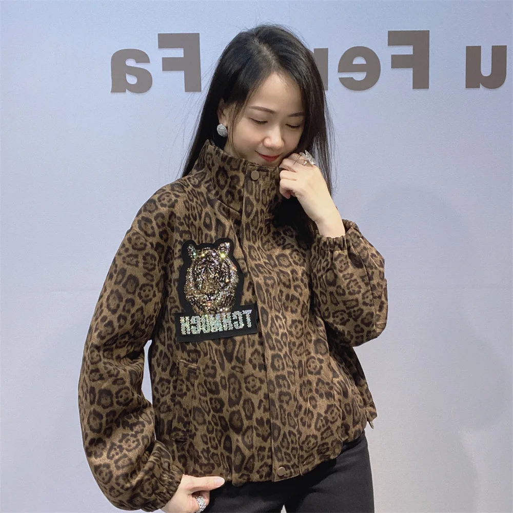 Autumn Winter New Fashion Leopard Print Drawstring Short Zipper Jacket Women's Trendy Brand Rhinestone Baseball Jacket Top Coat