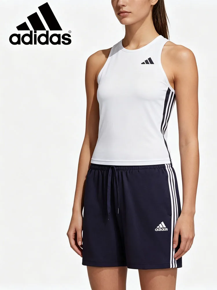 Adidas Conjunto deportivo de 2 piezas para mujer, camiseta sin mangas ajustada con espalda cruzada y pantalones cortos deportivos de 3 rayas, conjunto de entrenamiento de secado rápido JE8694+GK9989 S-2XL
