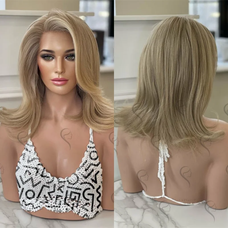 

150% Плотность Ombre Пепельно-русый мелирование HD Невидимый синтетический парик фронта шнурка Термостойкое волокно Парик Короткая волна Боб для женщин