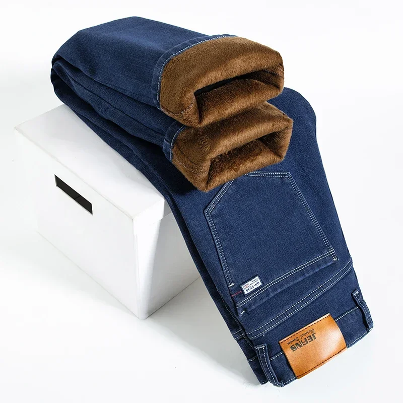 2024 Herfst Winter Elastische Fleece Dikke Warme Losse Jeans Heren Grote Maat Rechte Broek