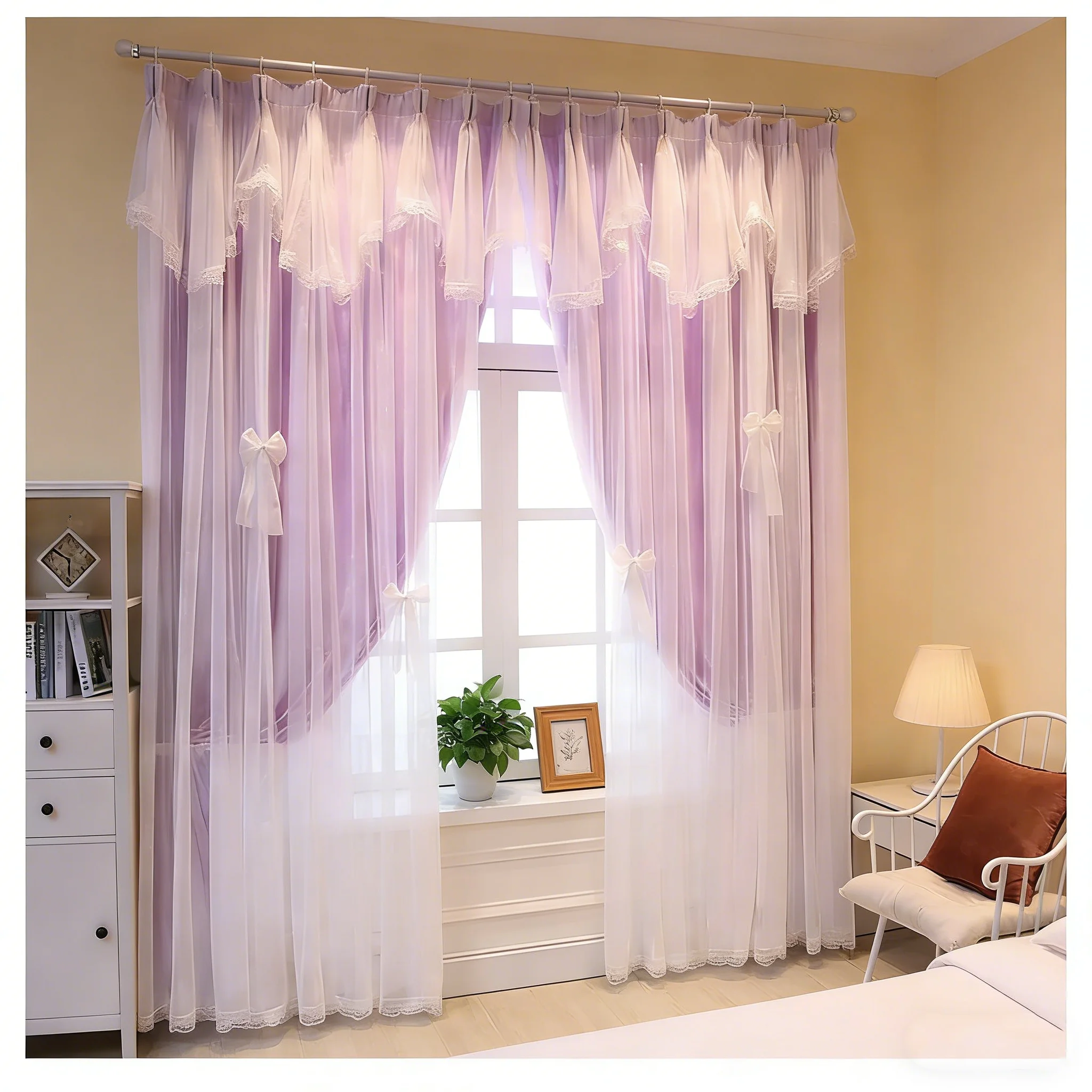 Double Layer Curtain Purple Sheer Curtain with Tulle Valance & Ribbon Ties, Elegant Bedroom Window Drapes for Girls Room