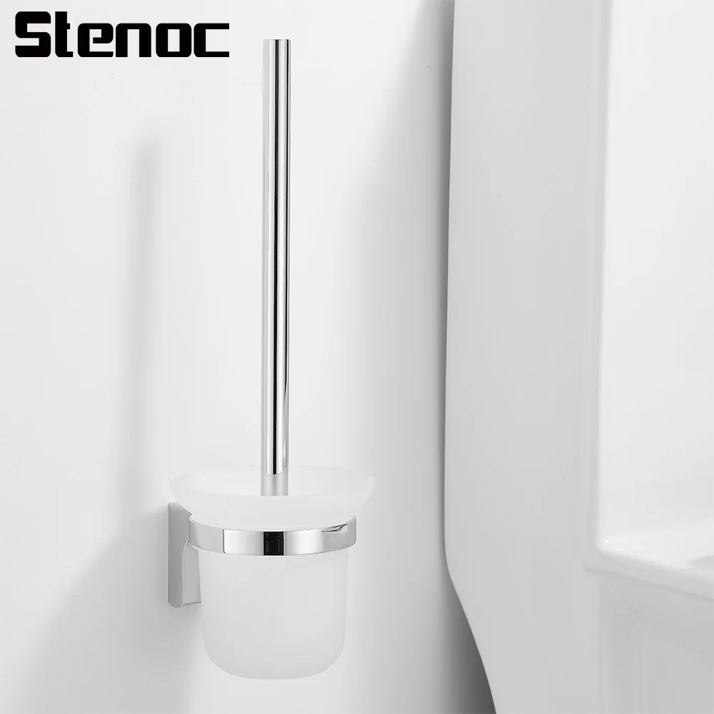 

Silver Stainless Steel Wall Mounted Glass Toilet Brush Holder Bathroom Accessories Toilet Brush Set Long Handle Toilet Brush