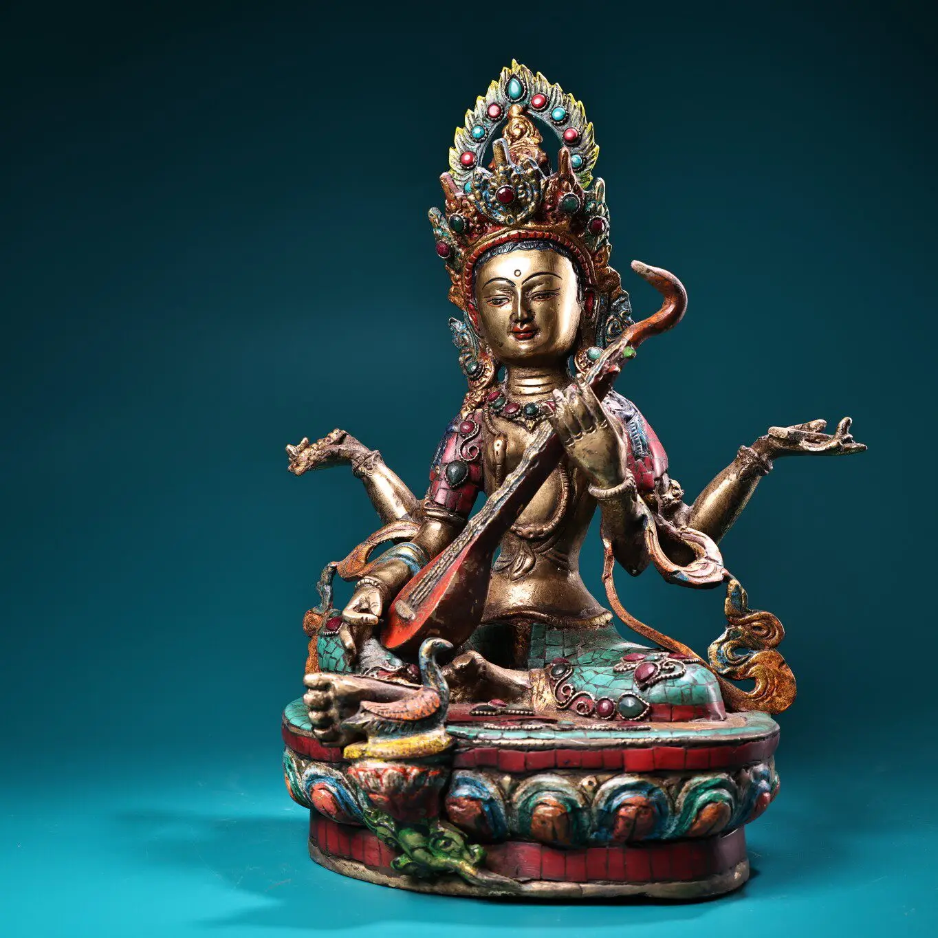 Tibetan Copper Filigree Gem Inlaid Painted Gold Highlight Four Armed Saraswati Statue Heavy Patina