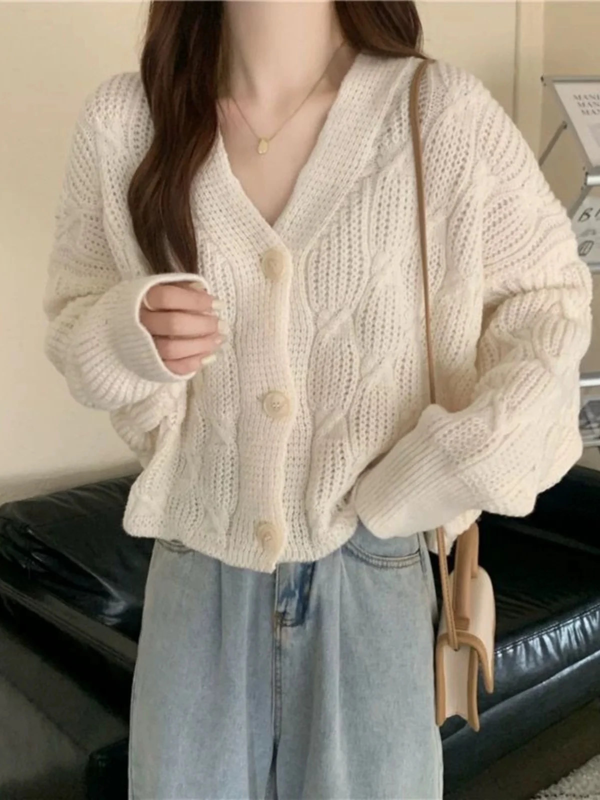 트렌디한 브이넥 레이지 슬레 트위스트 니트 스웨터 코트 여성용 봄 가을 소형 사이즈 루즈핏 롱 니트 스웨터