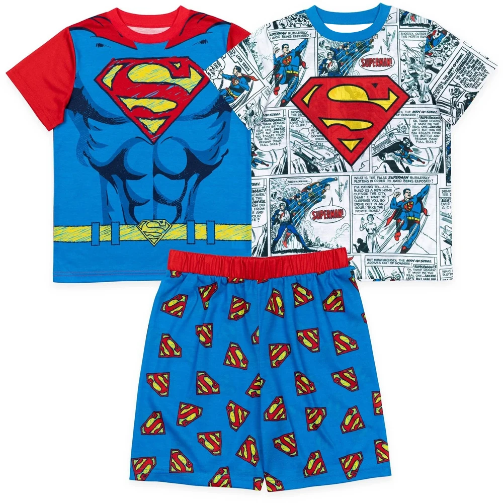 Conjunto de pijama de 3 piezas para niños de Superman, 2 camisetas gráficas + pantalones cortos, ropa de descanso, traje muscular y estampado de cómic, regalo de cumpleaños para niños pequeños