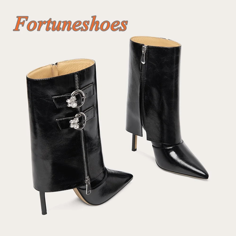 

Rhinestone Belt Buckle Strap Pumps Side Zipper Solid Black Stiletto High Heel Boots Casual 2025 Newest Fashion Pointed Toe Boots