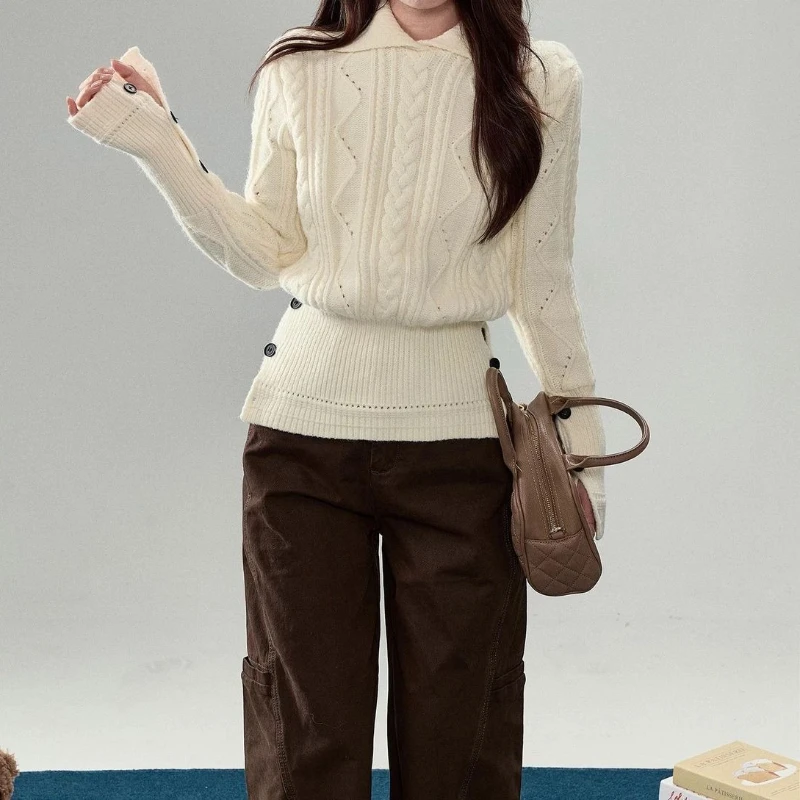 

Polo Pullover Fried Dough Twists Sweater Women's Autumn Winter Leisure College Style Warm Loose Top