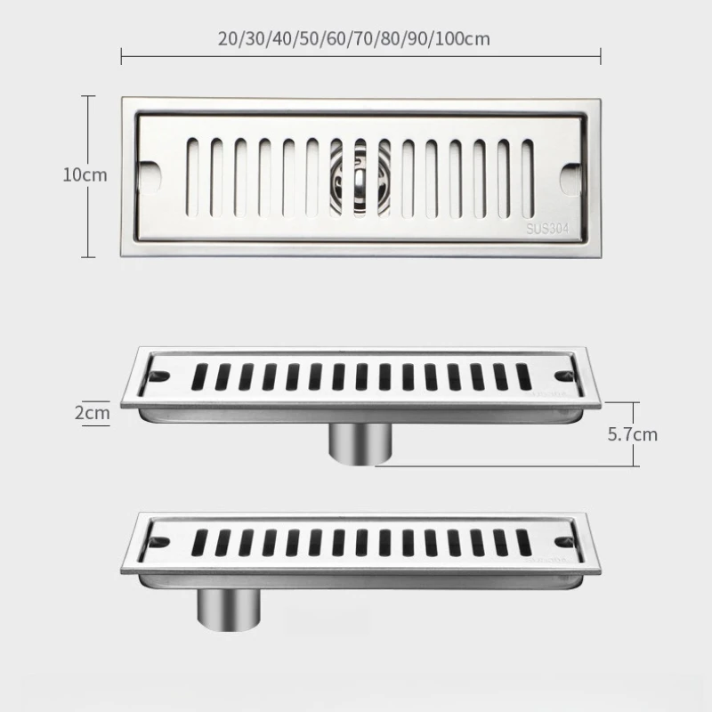 Long Floor Drain Bathroom Stainless Steel 304 Thickened Large Capacity Anti-odor Shower Room Rectangular