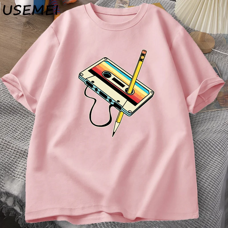 80s Cassette Tape Pencil T Shirts Men Women Retro Vintage Throwback Music Short Sleeve Graphic T Shirts Cotton Casual 90s Tees