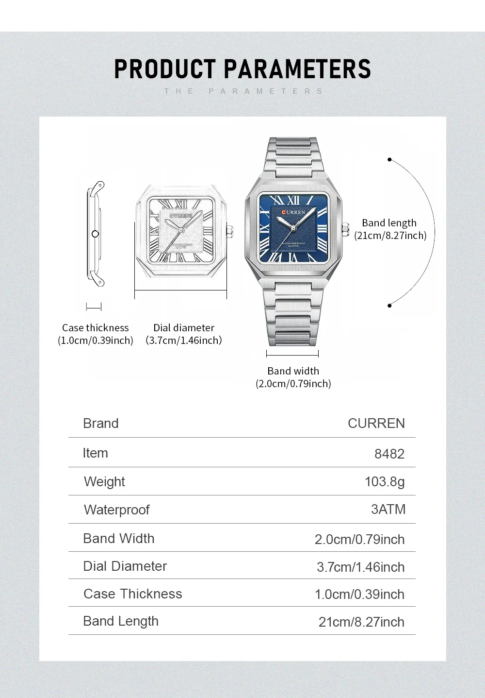 CURREN Minimalistische Eleganz Herren-Quarzuhr Quadratisches Zifferblatt mit Leuchtzeigern Edelstahlarmband Moderne Klassische Armbanduhr – Detail 1