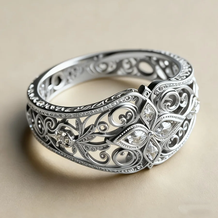 Huitan Edler Damenring mit hohlem Design, verziert, für Hochzeit, Verlobung, graviert, Accessoires, Mode, Party, königlicher Schmuck, eingelegt mit glänzendem CZ