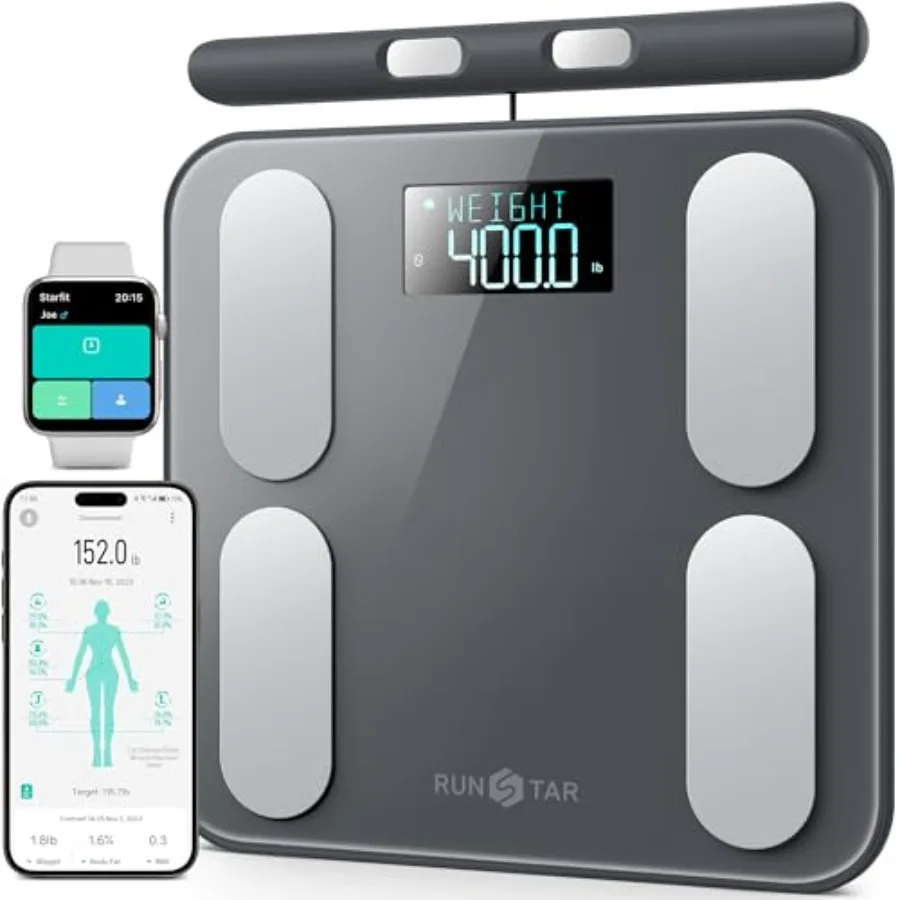 Bathroom smart body fat scale with handle, ABS plastic, black, 12-inch color LCD display showing 50 body composition metrics in