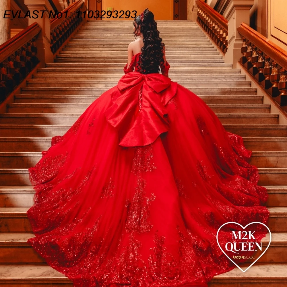 EVLAST personalizado brillo rojo Vestido para quinceañeras Vestido De baile apliques De lentejuelas rebordear arco corsé dulce 16 Vestido De 15 Anos E1Q113