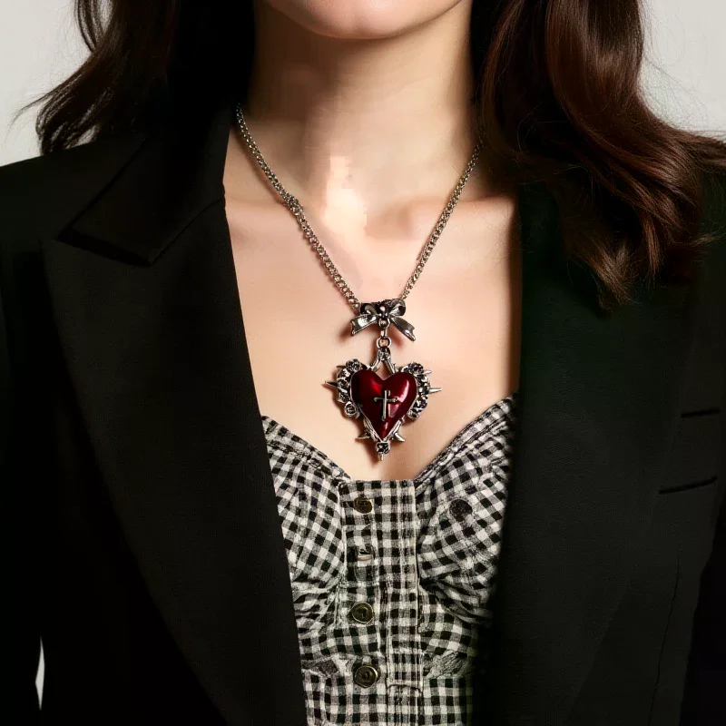 Y2k Bow Cross Heart Necklace For Girls Gothic Jewelry Vintage Accessories Rose Goth Collares Chain For Women Man Punk Necklace