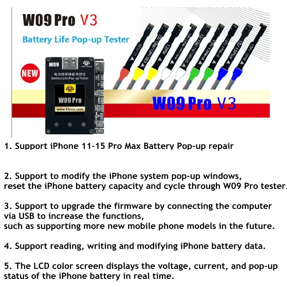 OSS W09 Pro V3 Battery Life Pop-up Tester for iPhone 11 12 13 14 15ProMax Battery Health Pop-up Repair Reset Health Data Cycle