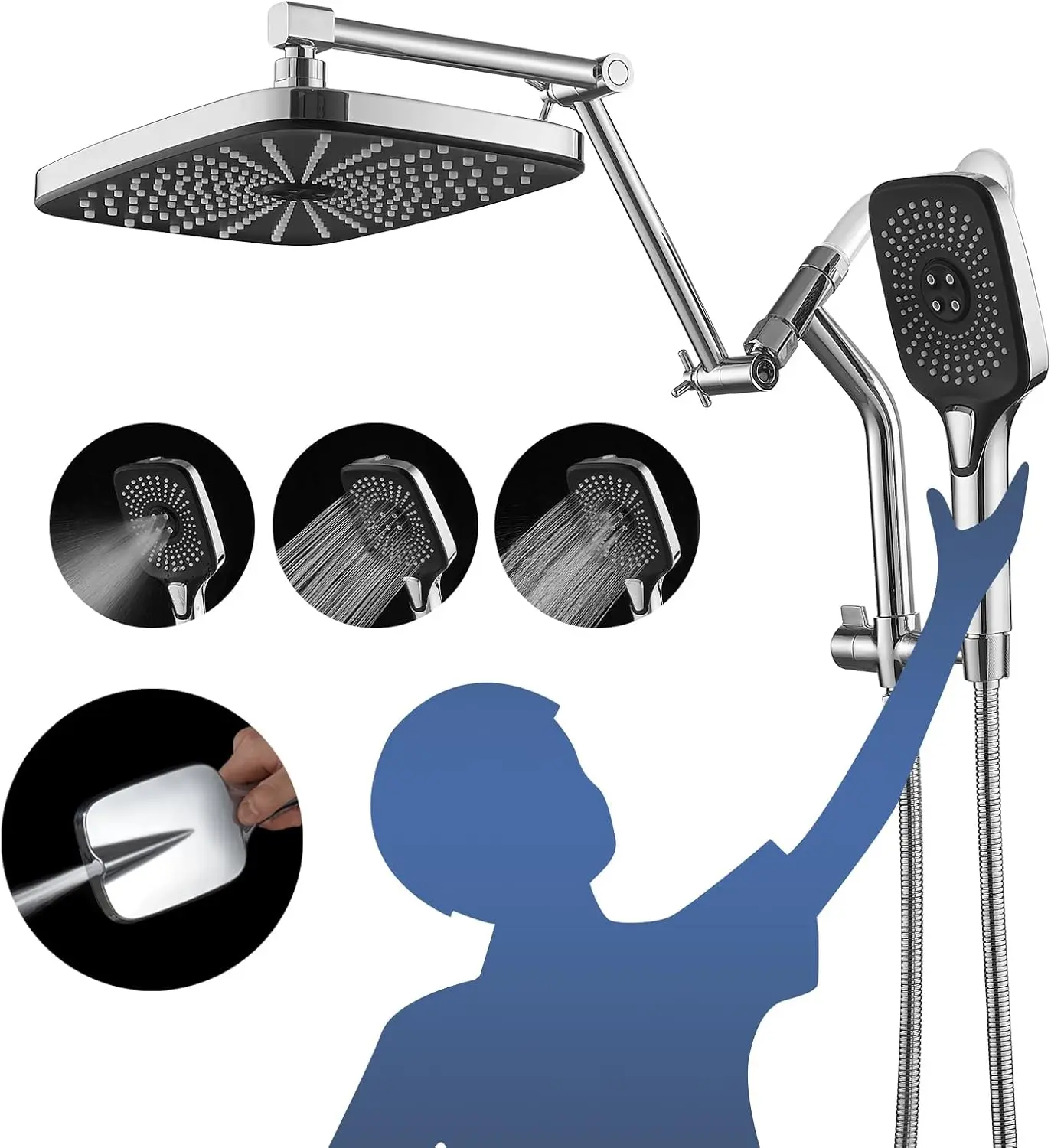 

12" High Pressure Rainfall Shower Head with Handheld Spray Combo, 3+1 Settings, Adjustable Height & Angle, Polished Chrome