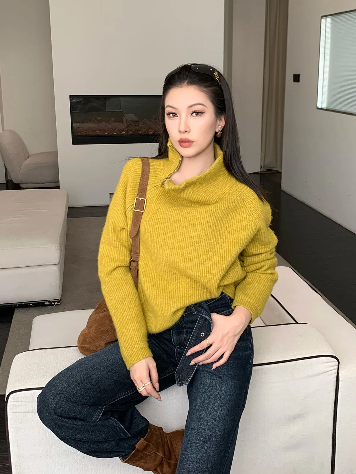 

Adjustable Zipper Long Sve Sweater JIJINQI Autumn Winter Bright Yellow Loose Fit Slimming New 2025 Ele Sle Knitted Top